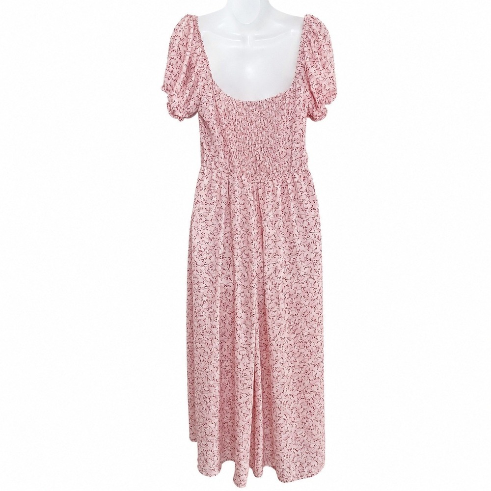 Trixxi Women L Pink Floral Midi Dress Cottagecore Coquette Puff Sleeve Smocked - Picture 3 of 13